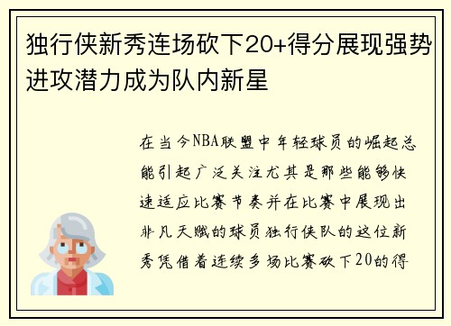 独行侠新秀连场砍下20+得分展现强势进攻潜力成为队内新星